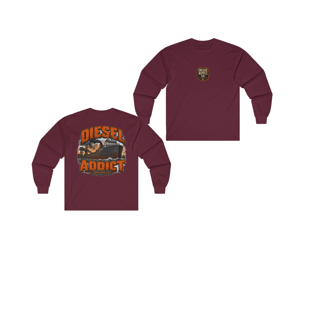 Front and back views of DIESEL ADDICT Lake Freighter Heavy Cotton Long Sleeve in Maroon