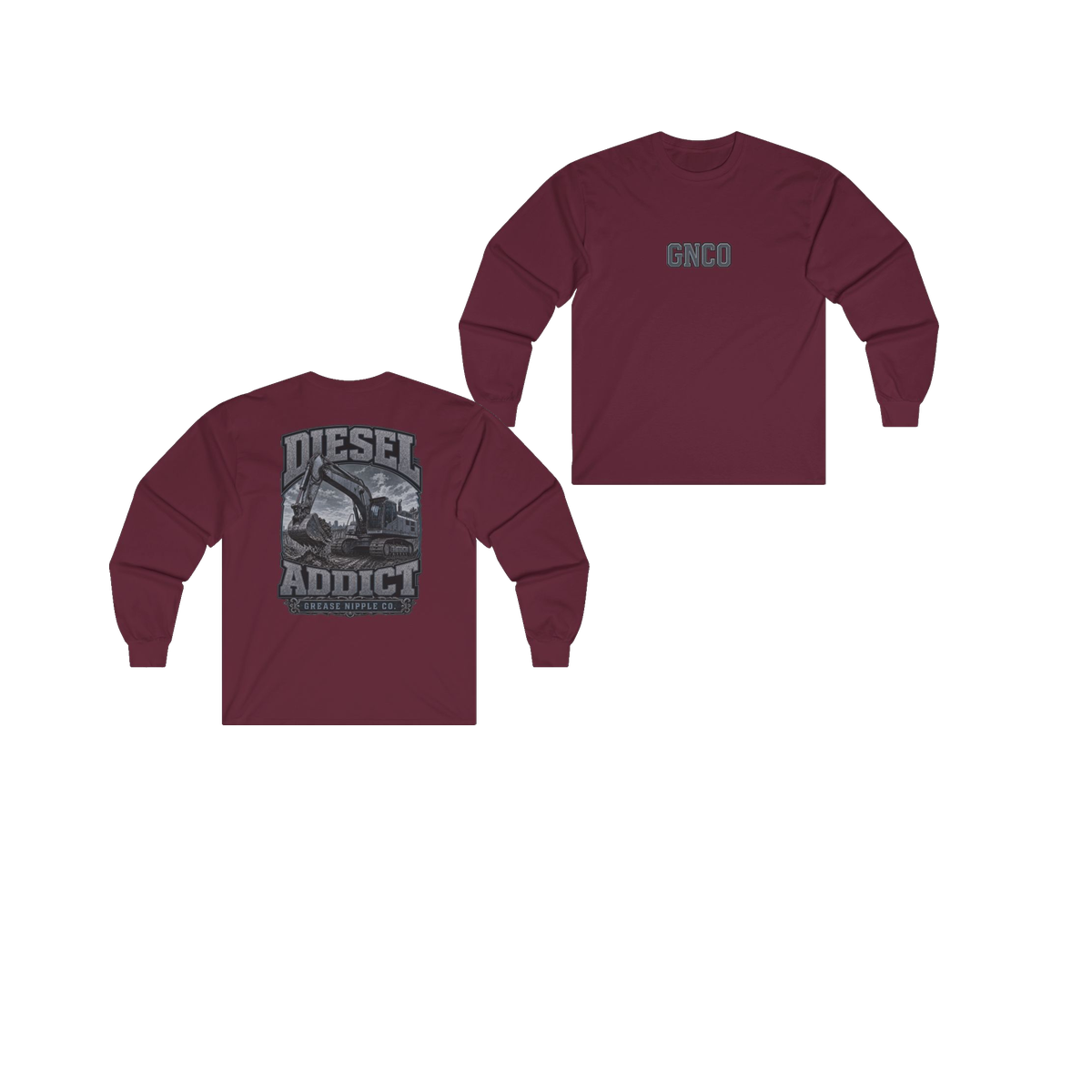 Front and back views of DIESEL ADDICT Excavator Heavy Cotton Long Sleeve in Maroon