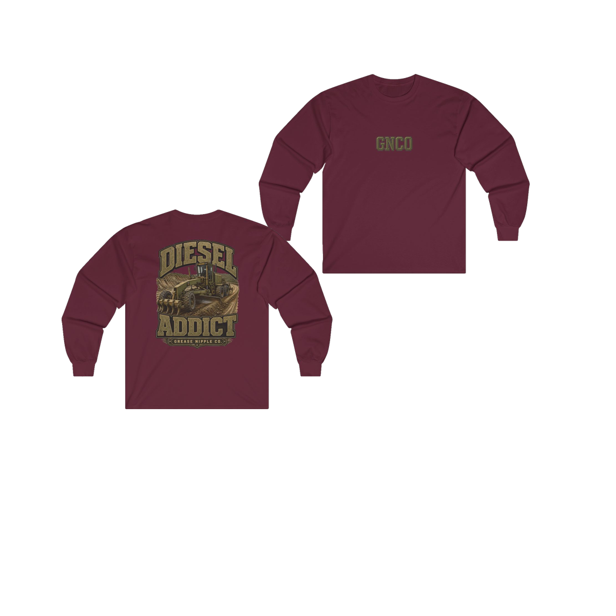 Front and back views of DIESEL ADDICT Motor Grader Heavy Cotton Long Sleeve in Maroon