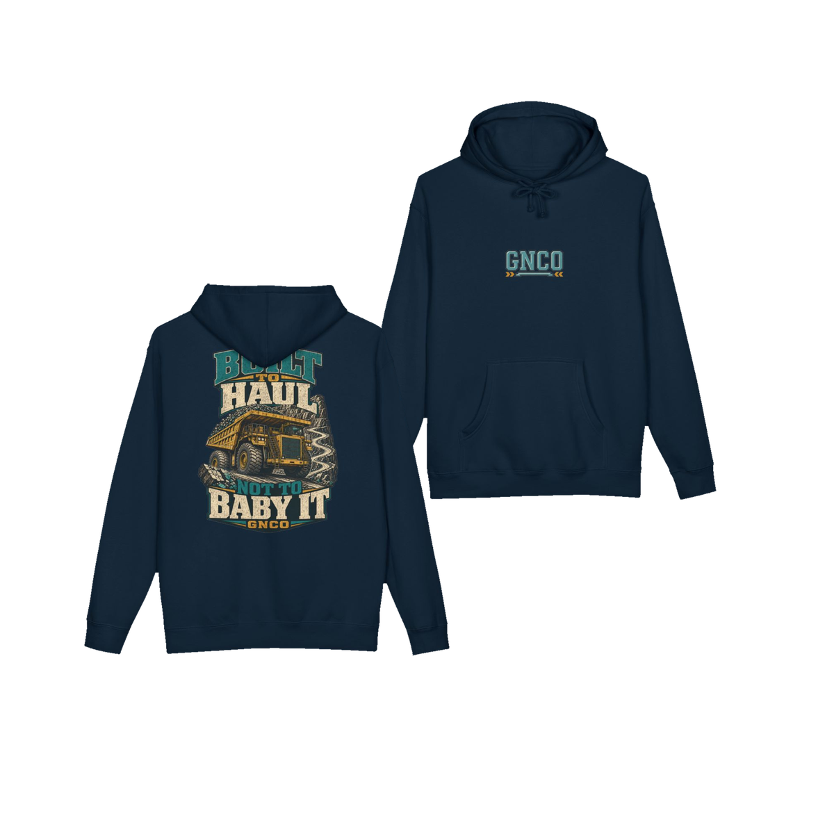 Front and back views of BUILT TO HAUL™ Mining Haul Truck Hoodie in Navy