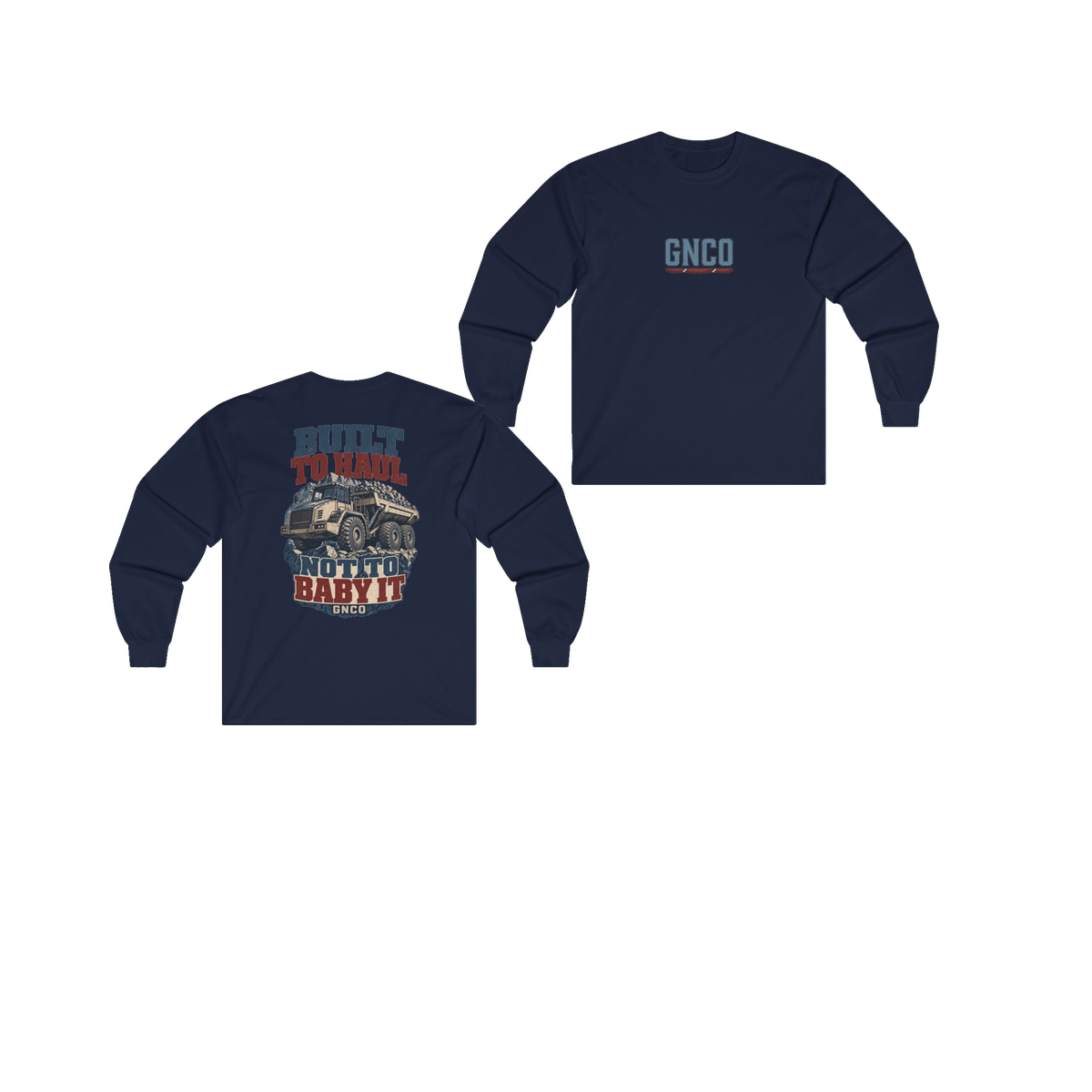 Front and back views of BUILT TO HAUL Articulated Quarry Hauler Heavy Cotton Long Sleeve in Navy