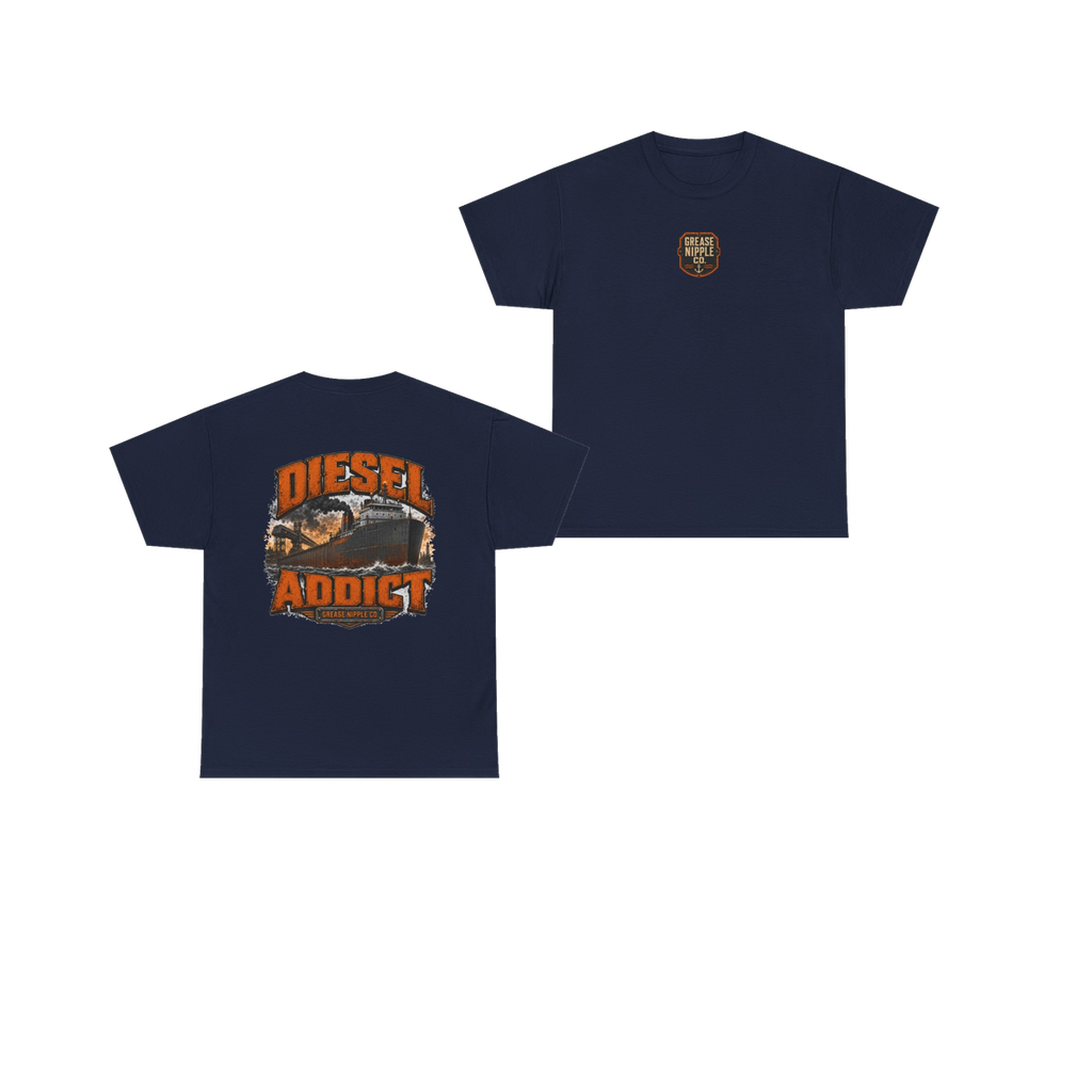 Front and back views of DIESEL ADDICT Lake Freighter Heavy Cotton Tee in Navy