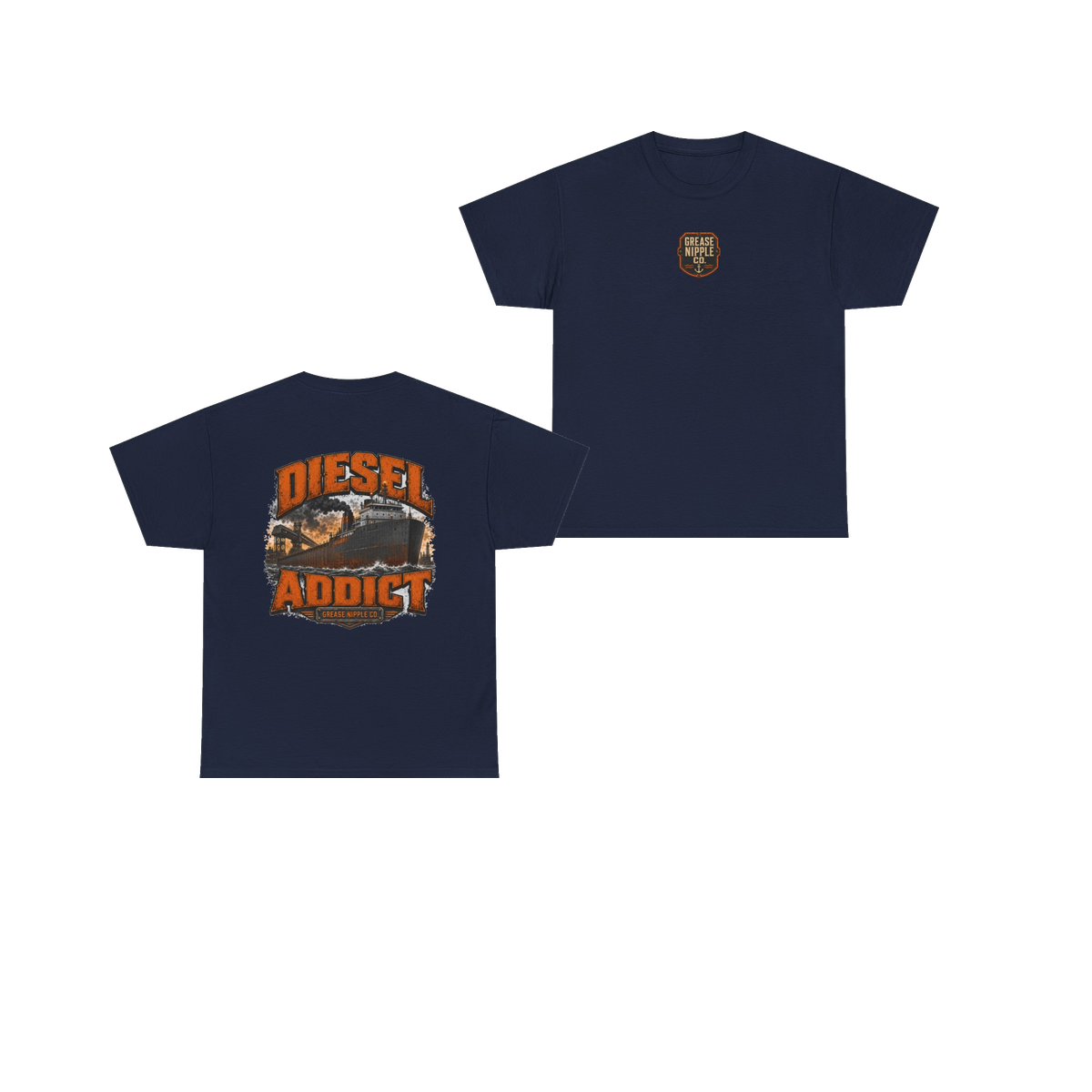 Front and back views of DIESEL ADDICT Lake Freighter Heavy Cotton Tee in Navy