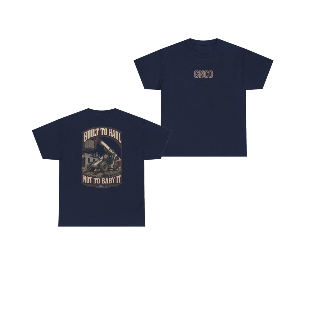 Front and back views of BUILT TO HAUL Telehandler Heavy Cotton Tee in Navy