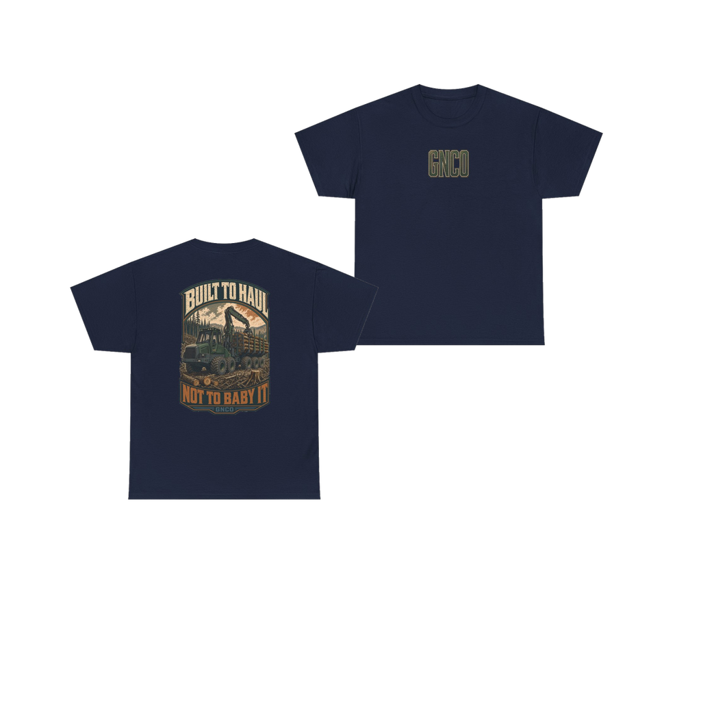 Front and back views of BUILT TO HAUL Forestry Log Forwarder Heavy Cotton Tee in Navy