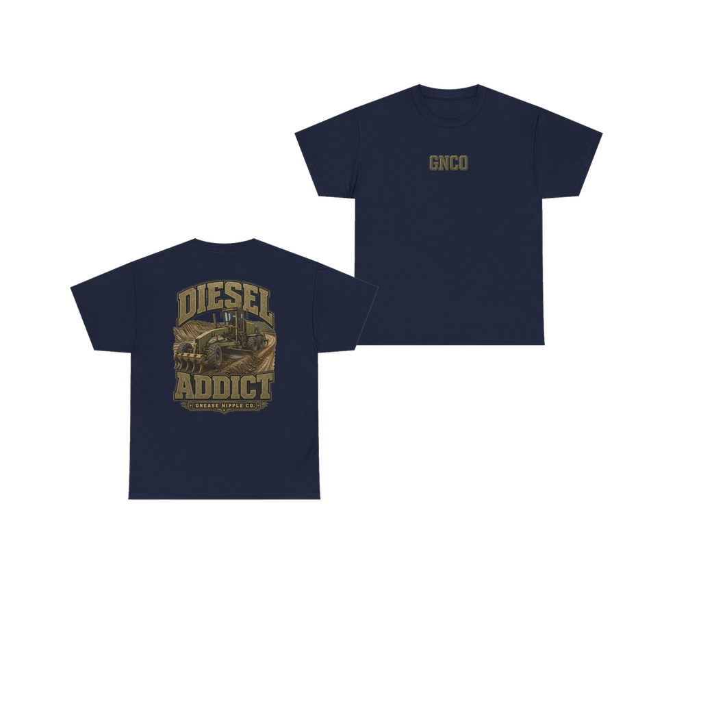 Front and back views of DIESEL ADDICT Motor Grader Heavy Cotton Tee in Navy