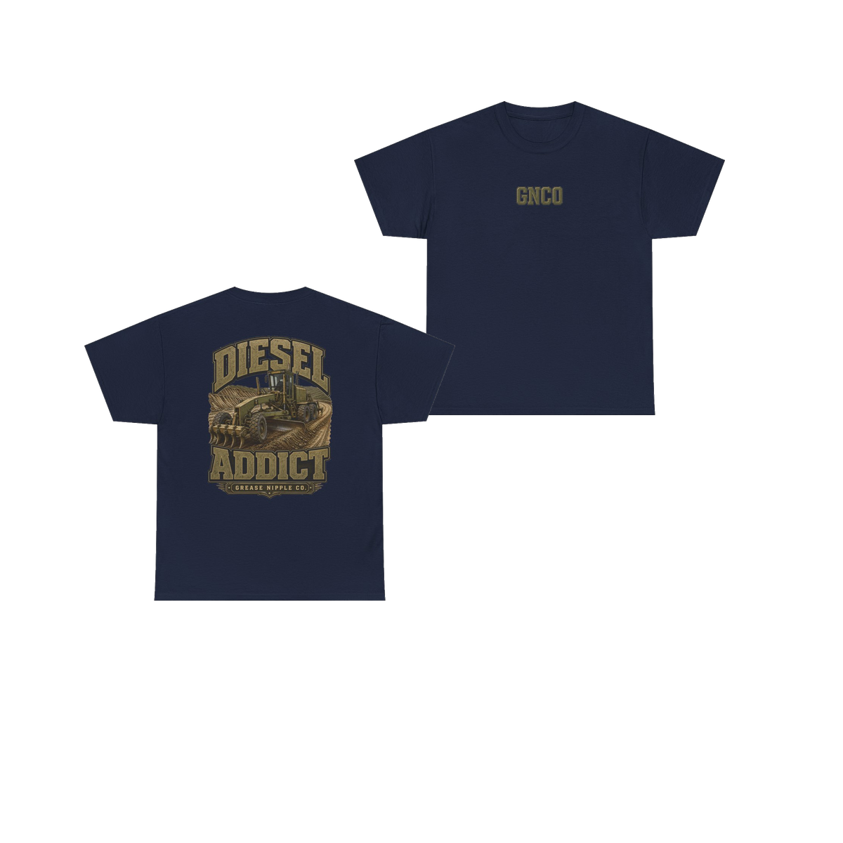 Front and back views of DIESEL ADDICT Motor Grader Heavy Cotton Tee in Navy