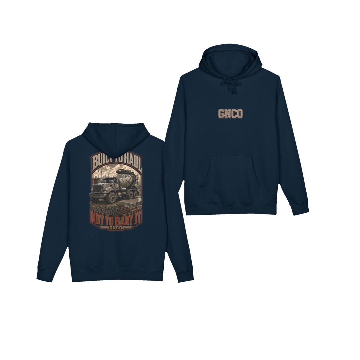 Front and back views of BUILT TO HAUL™ Concrete Mixer Hoodie in Navy