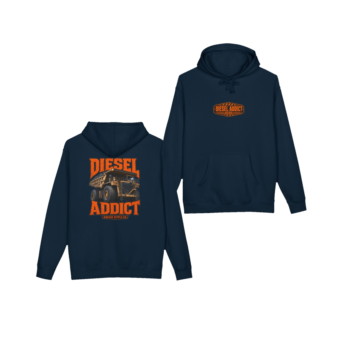 Front and back views of DIESEL ADDICT™ Quarry Haul Truck Hoodie in Navy