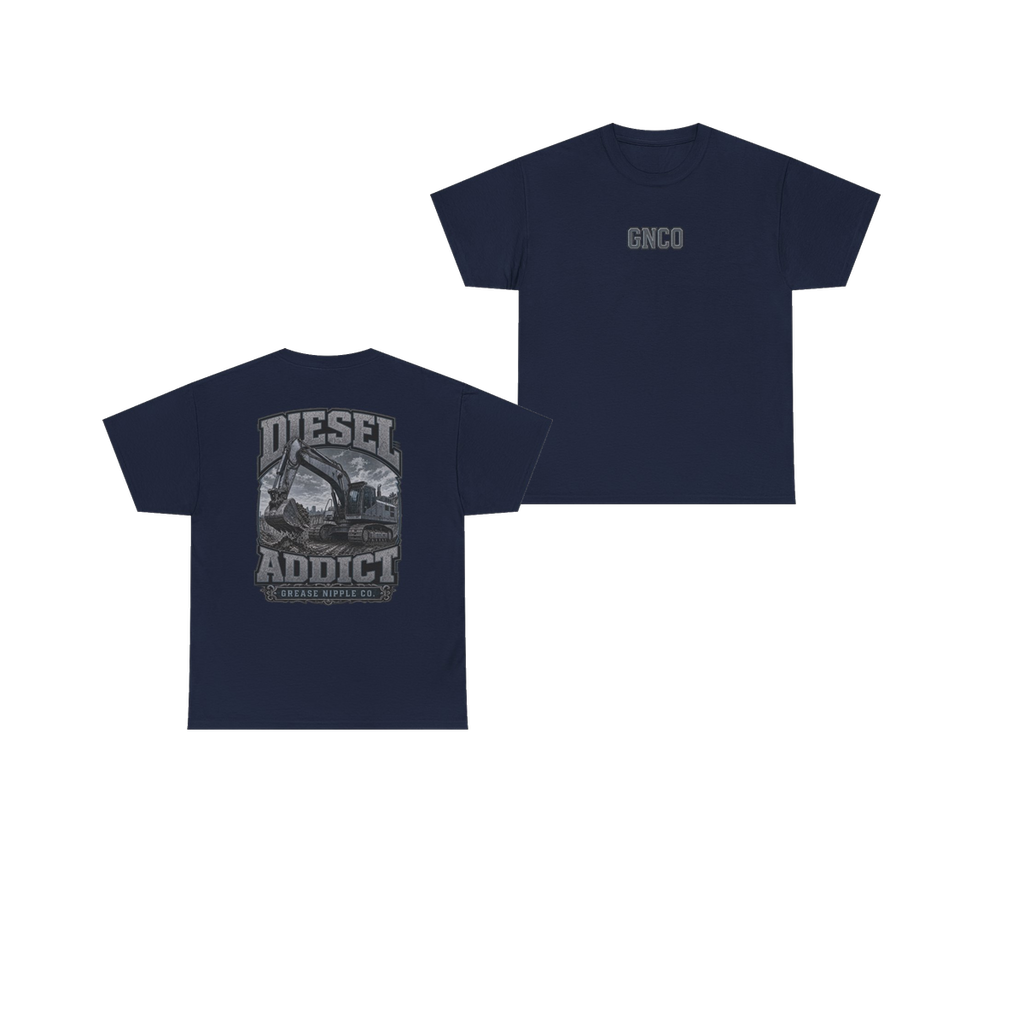 Front and back views of DIESEL ADDICT Excavator Heavy Cotton Tee in Navy