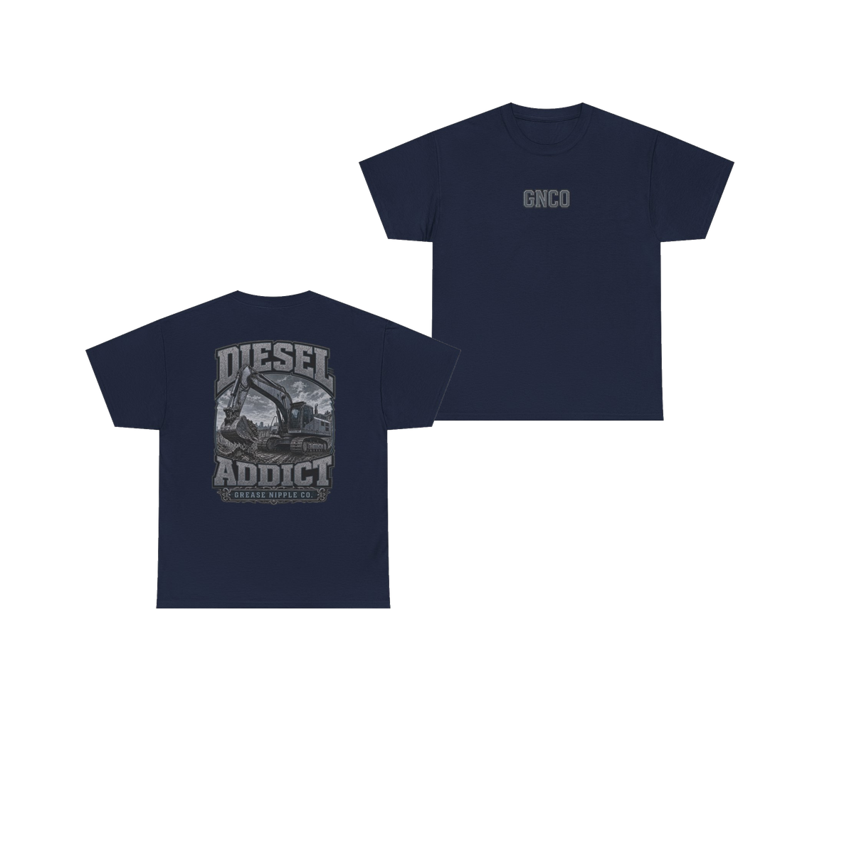Front and back views of DIESEL ADDICT Excavator Heavy Cotton Tee in Navy