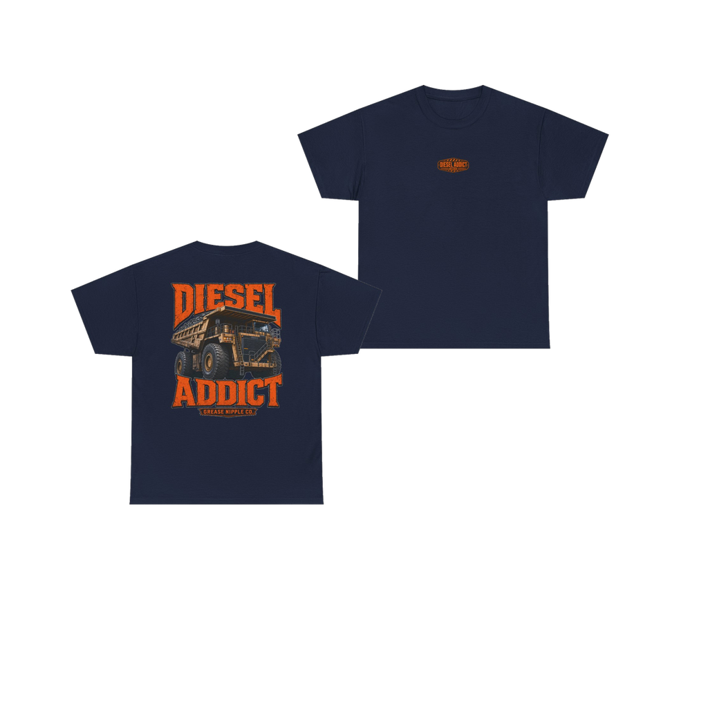 Front and back views of DIESEL ADDICT Quarry Haul Truck Heavy Cotton Tee in Navy
