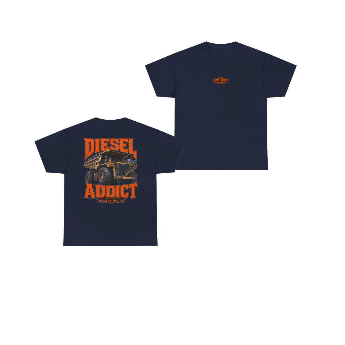 Front and back views of DIESEL ADDICT Quarry Haul Truck Heavy Cotton Tee in Navy