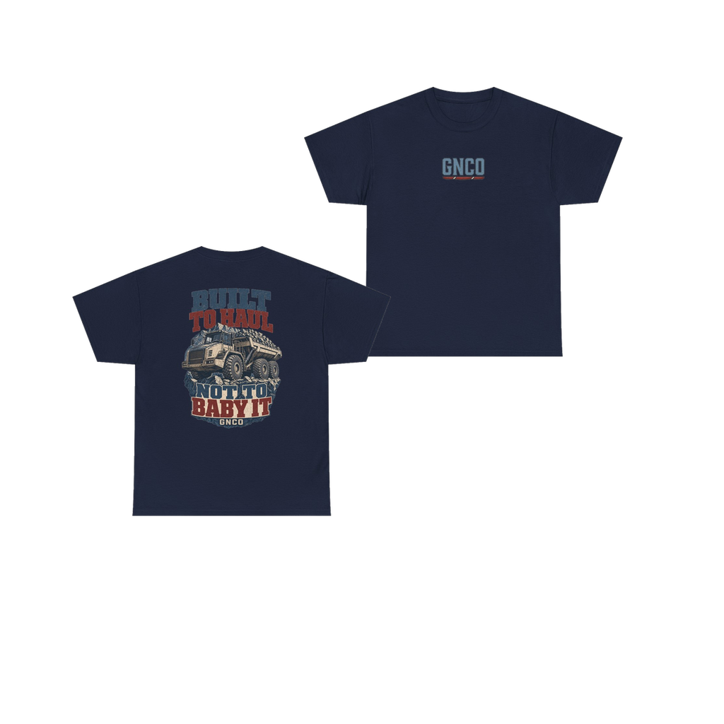 Front and back views of BUILT TO HAUL Articulated Quarry Hauler Heavy Cotton Tee in Navy