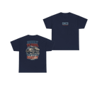 Front and back views of BUILT TO HAUL Articulated Quarry Hauler Heavy Cotton Tee in Navy