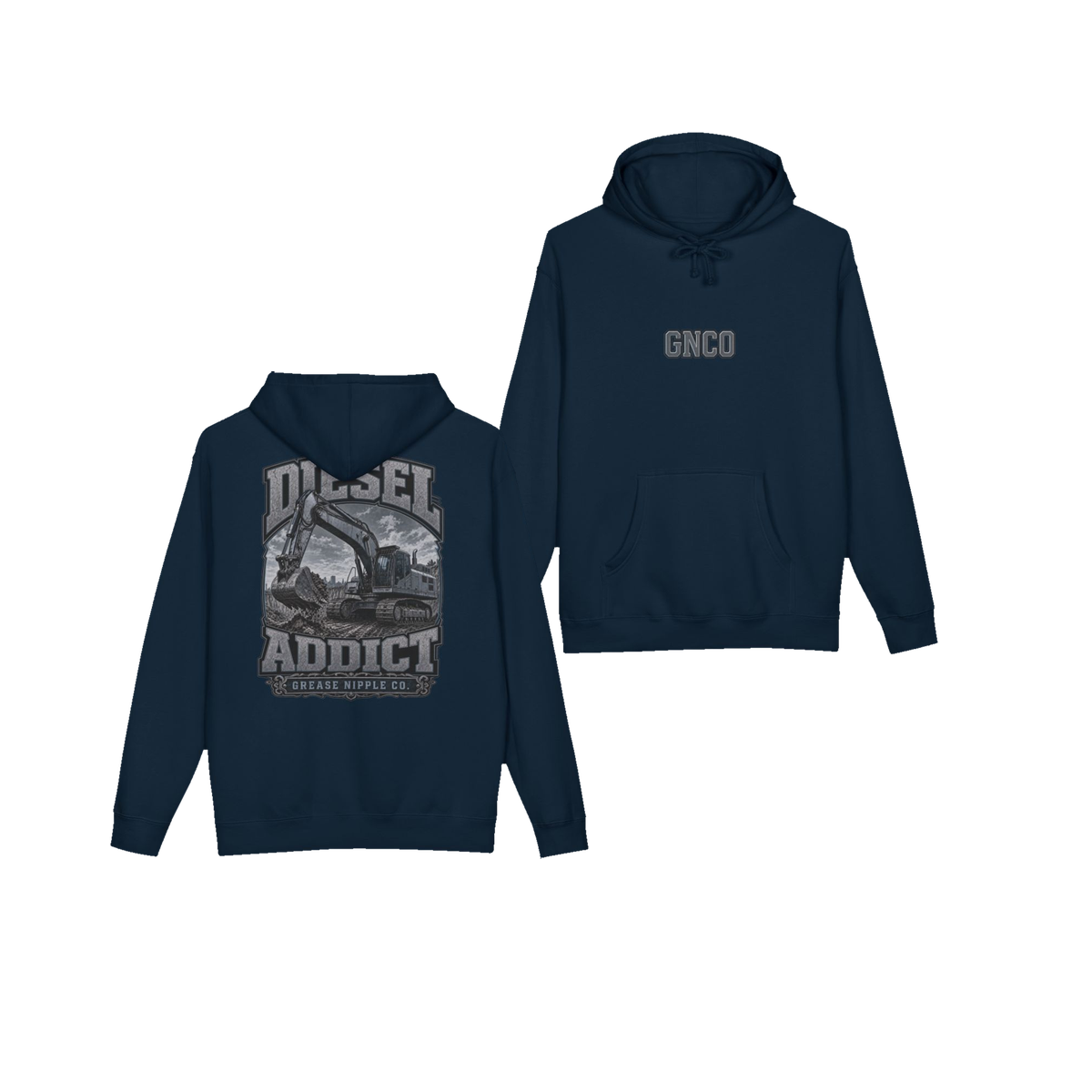 Front and back views of DIESEL ADDICT™ Excavator Hoodie in Navy