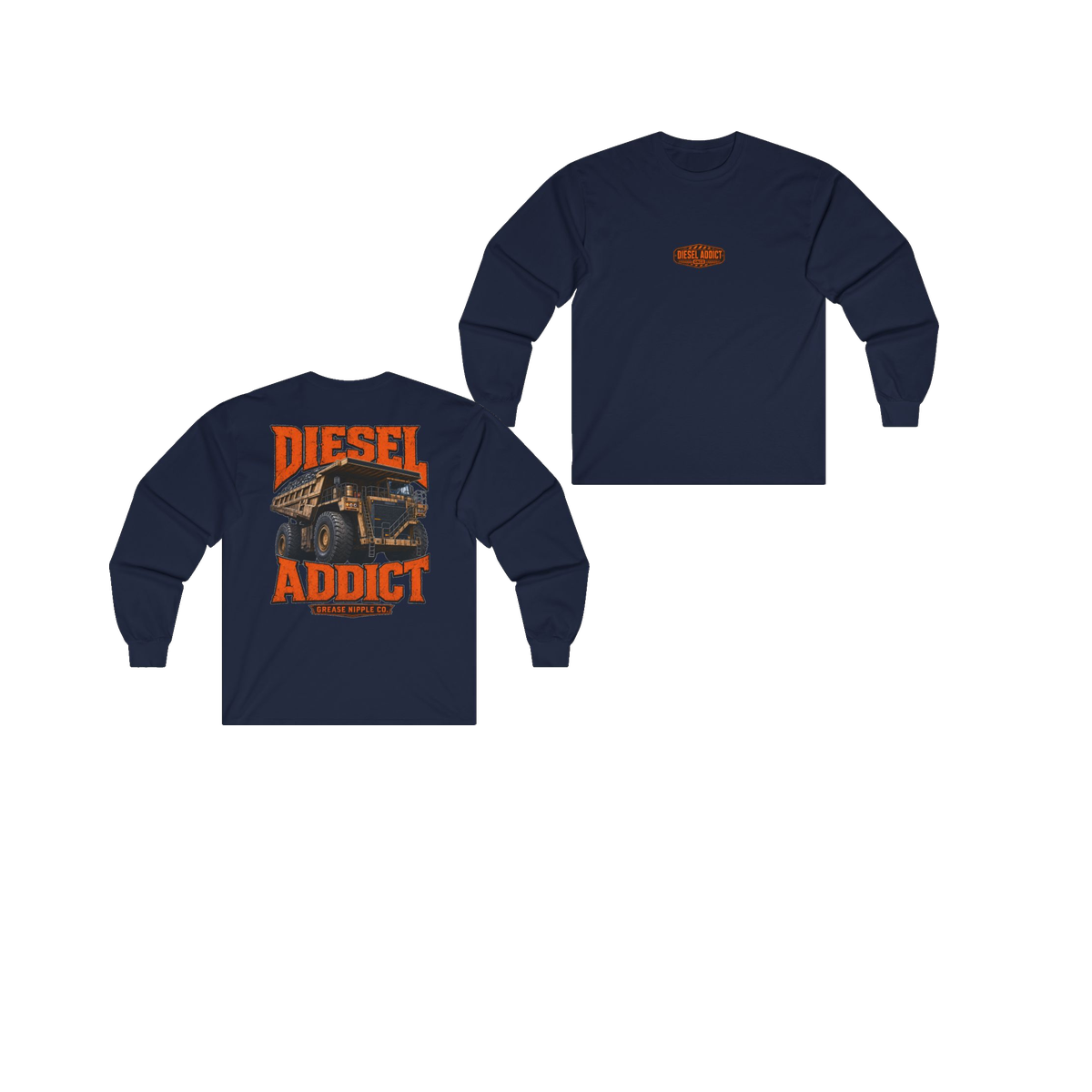 Front and back views of DIESEL ADDICT Quarry Haul Truck Heavy Cotton Long Sleeve in Navy