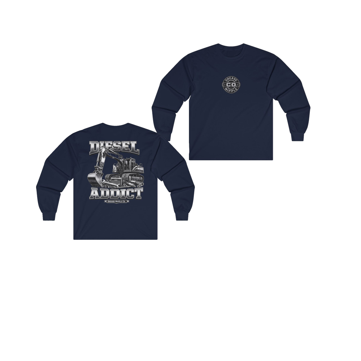 Front and back views of DIESEL ADDICT Excavator Tools Of The Trade Heavy Cotton Long Sleeve in Navy