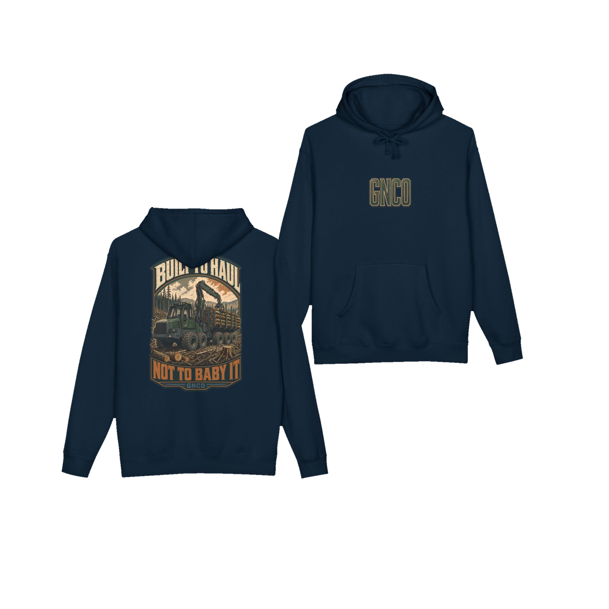 Front and back views of BUILT TO HAUL™ Forestry Log Forwarder Hoodie in Navy