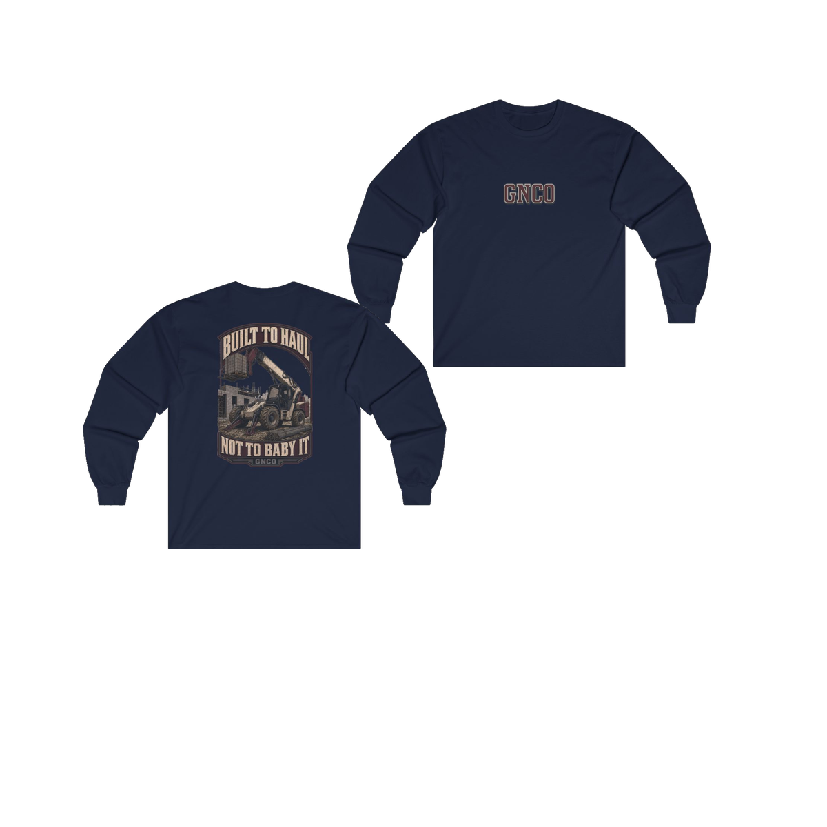 Front and back views of BUILT TO HAUL Telehandler Heavy Cotton Long Sleeve in Navy