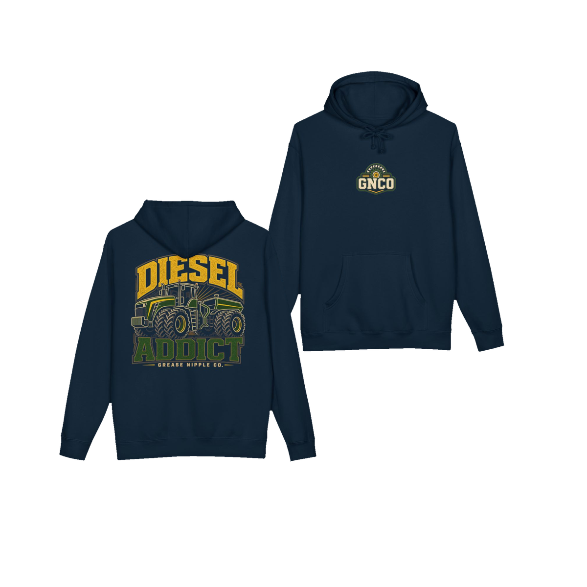 Front and back views of DIESEL ADDICT™ Articulated Tractor Hoodie in Navy
