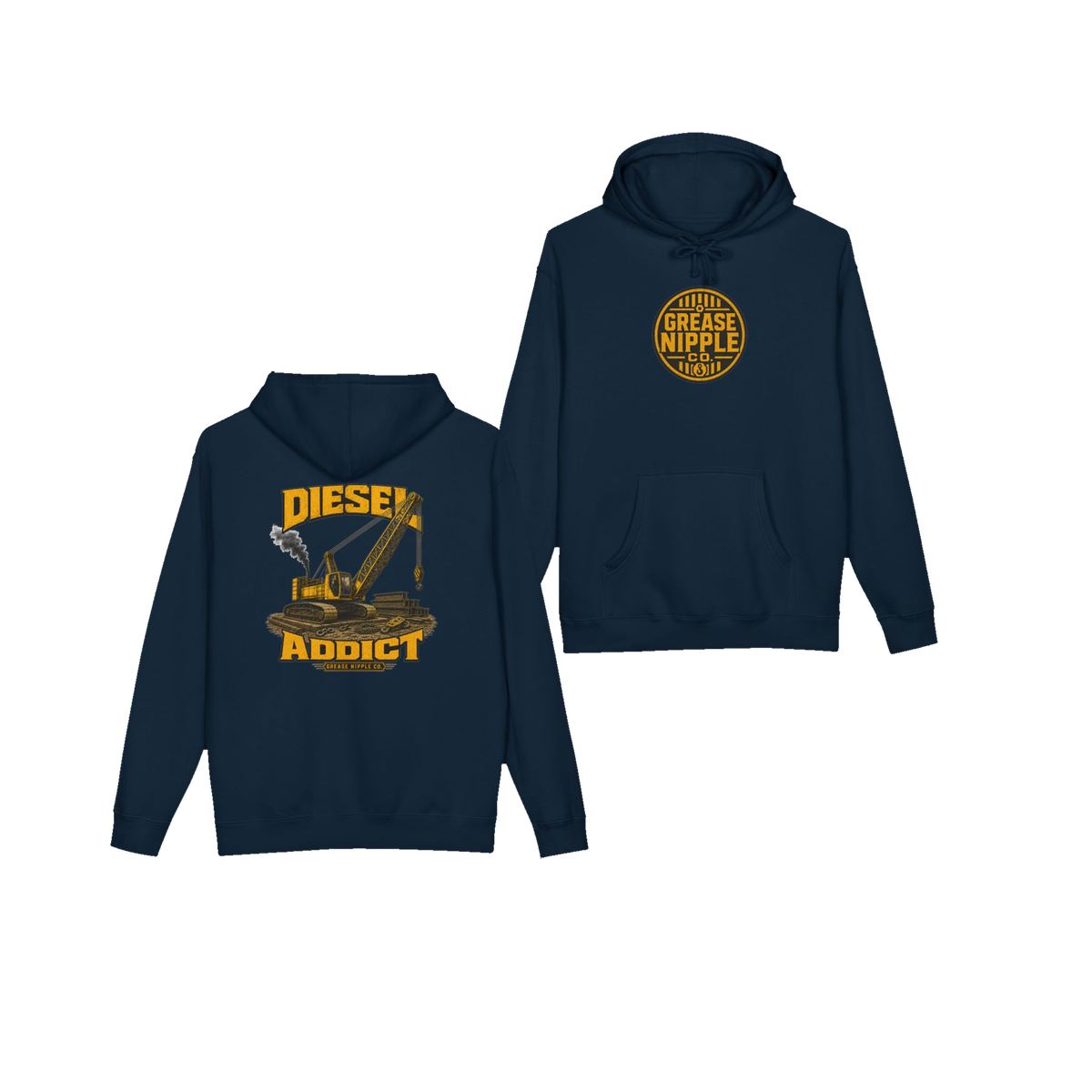 Front and back views of DIESEL ADDICT™ Crawler Crane Hoodie in Navy