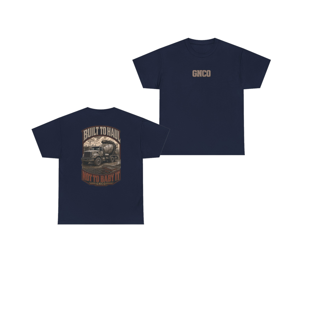 Front and back views of BUILT TO HAUL Concrete Mixer Heavy Cotton Tee in Navy