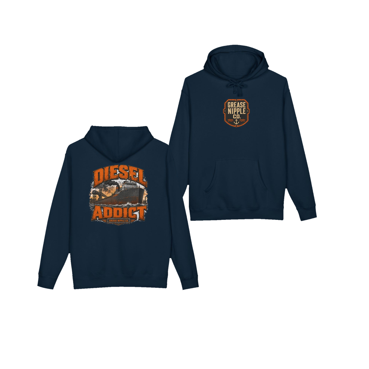 Front and back views of DIESEL ADDICT™ Lake Freighter Hoodie in Navy