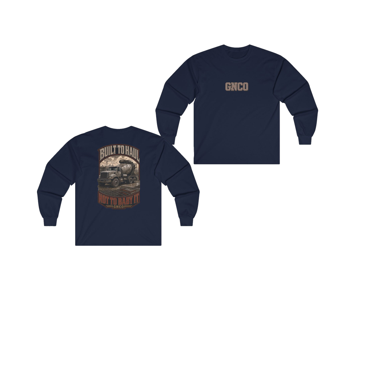 Front and back views of BUILT TO HAUL Concrete Mixer Heavy Cotton Long Sleeve in Navy