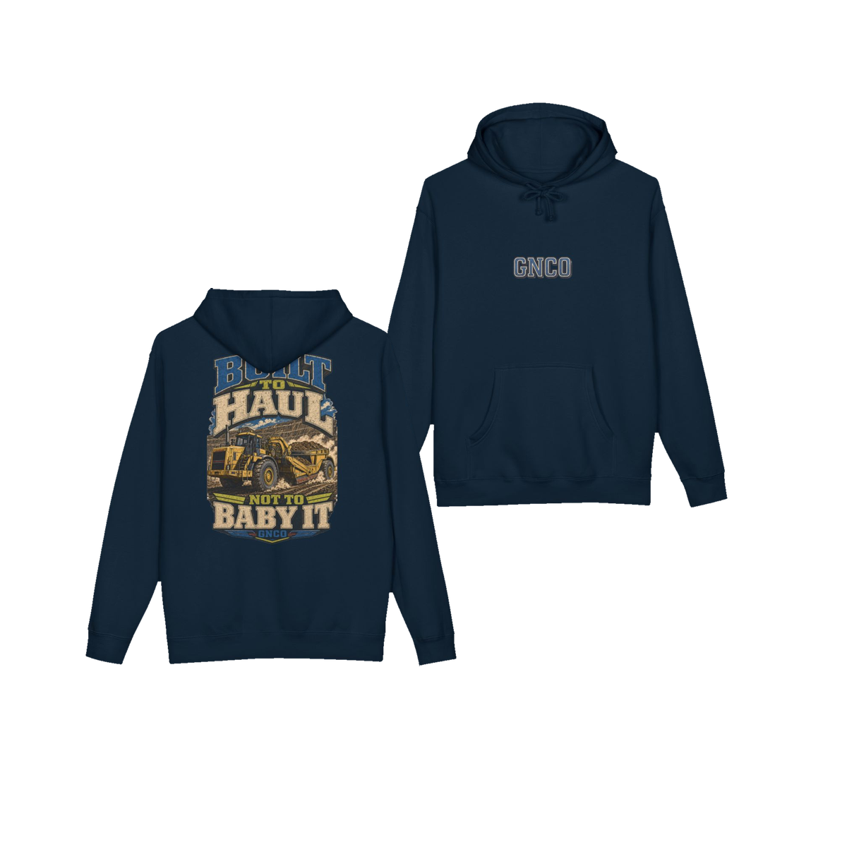 Front and back views of BUILT TO HAUL™ Wheel Tractor-Scraper Hoodie in Navy