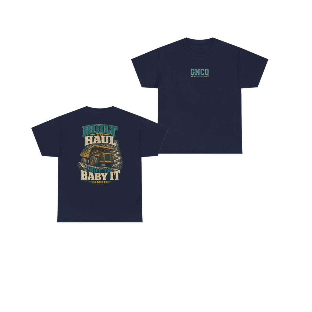 Front and back views of BUILT TO HAUL Mining Haul Truck Heavy Cotton Tee in Navy