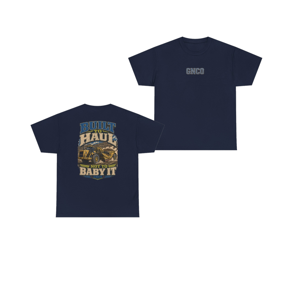 Front and back views of BUILT TO HAUL Wheel Tractor-Scraper Heavy Cotton Tee in Navy