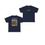 Front and back views of BUILT TO HAUL Wheel Tractor-Scraper Heavy Cotton Tee in Navy