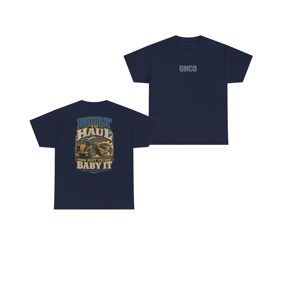 Front and back views of BUILT TO HAUL Wheel Tractor-Scraper Heavy Cotton Tee in Navy