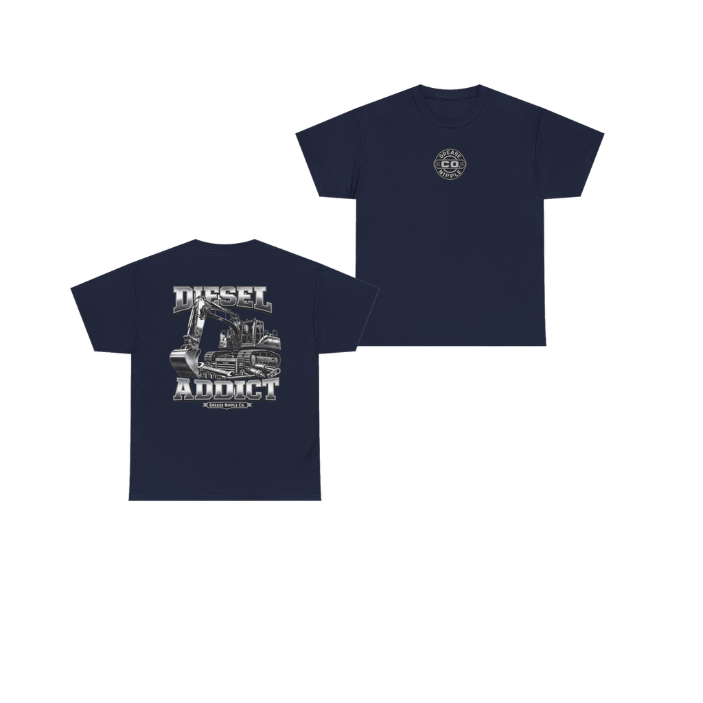 Front and back views of DIESEL ADDICT Excavator Tools Of The Trade Heavy Cotton Tee in Navy