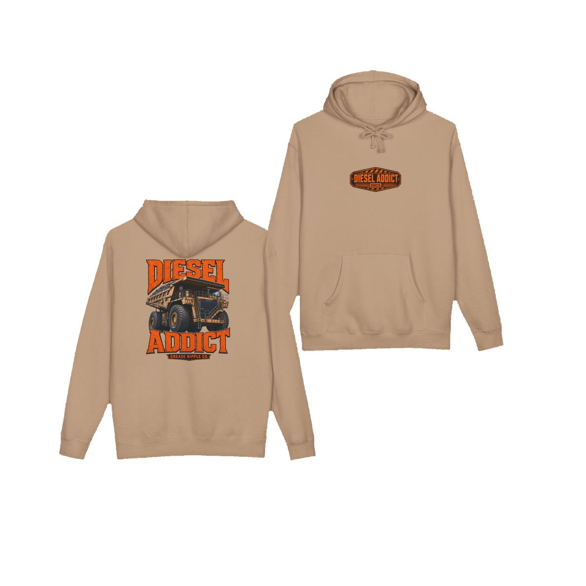 Front and back views of DIESEL ADDICT™ Quarry Haul Truck Hoodie in Sandstone