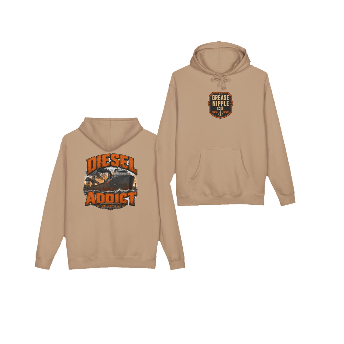 Front and back views of DIESEL ADDICT™ Lake Freighter Hoodie in Sandstone
