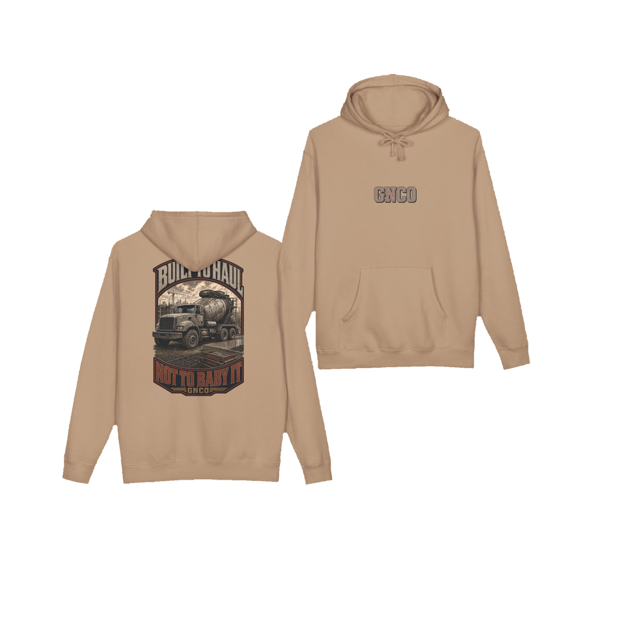 Front and back views of BUILT TO HAUL™ Concrete Mixer Hoodie in Sandstone