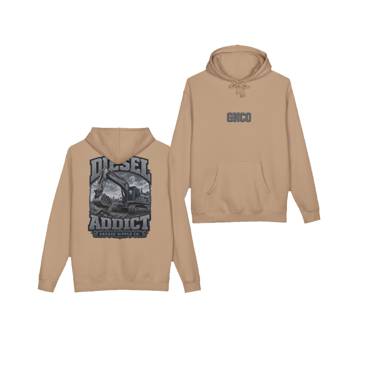 Front and back views of DIESEL ADDICT™ Excavator Hoodie in Sandstone