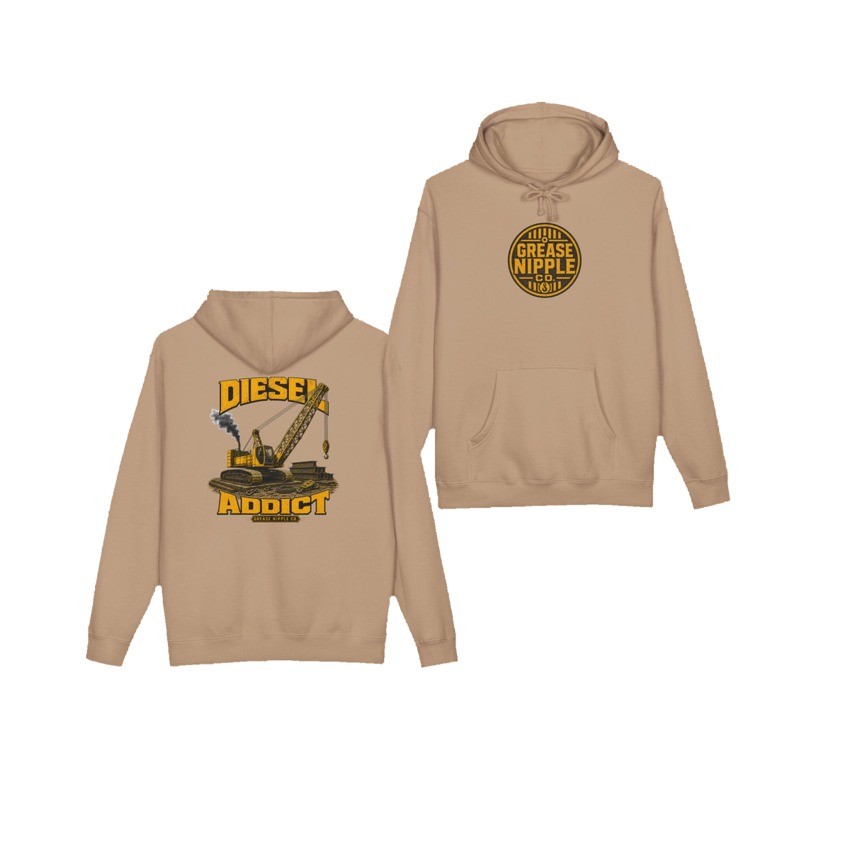 Front and back views of DIESEL ADDICT™ Crawler Crane Hoodie in Sandstone
