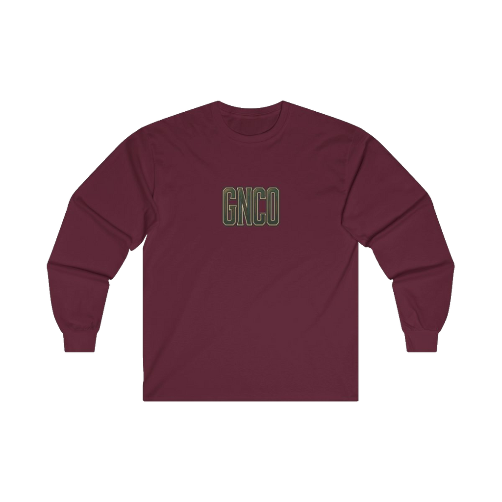 Front GNCO chest mark on BUILT TO HAUL Forestry Log Forwarder Heavy Cotton Long Sleeve in Maroon