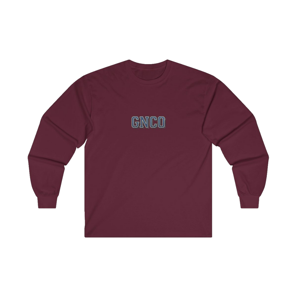 Front GNCO chest mark on BUILT TO HAUL Wheel Tractor-Scraper Heavy Cotton Long Sleeve in Maroon