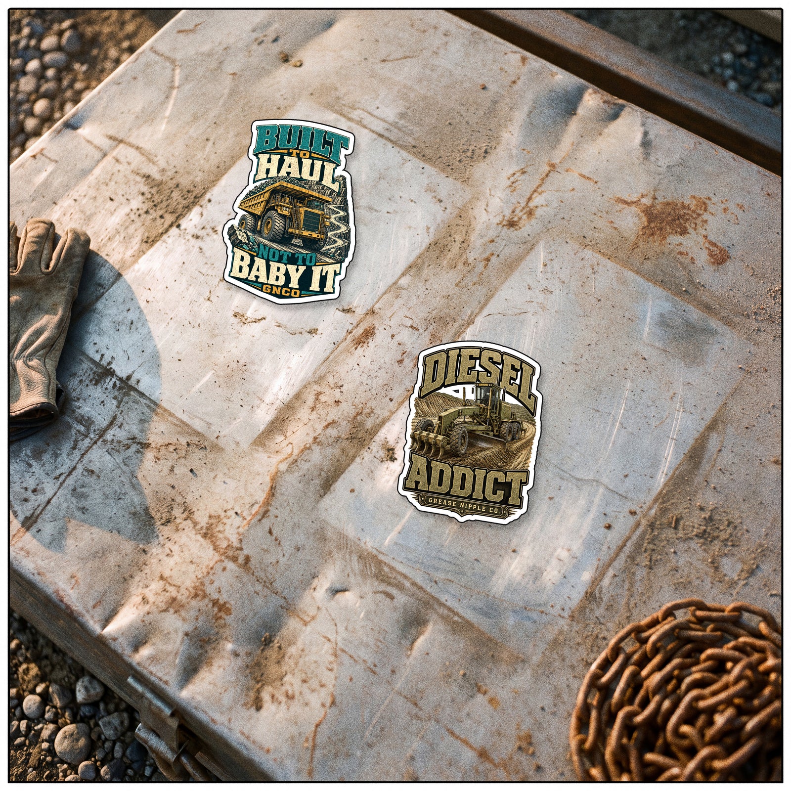 BUILT TO HAUL and DIESEL ADDICT vinyl stickers on a battered steel gang box lid in an equipment yard