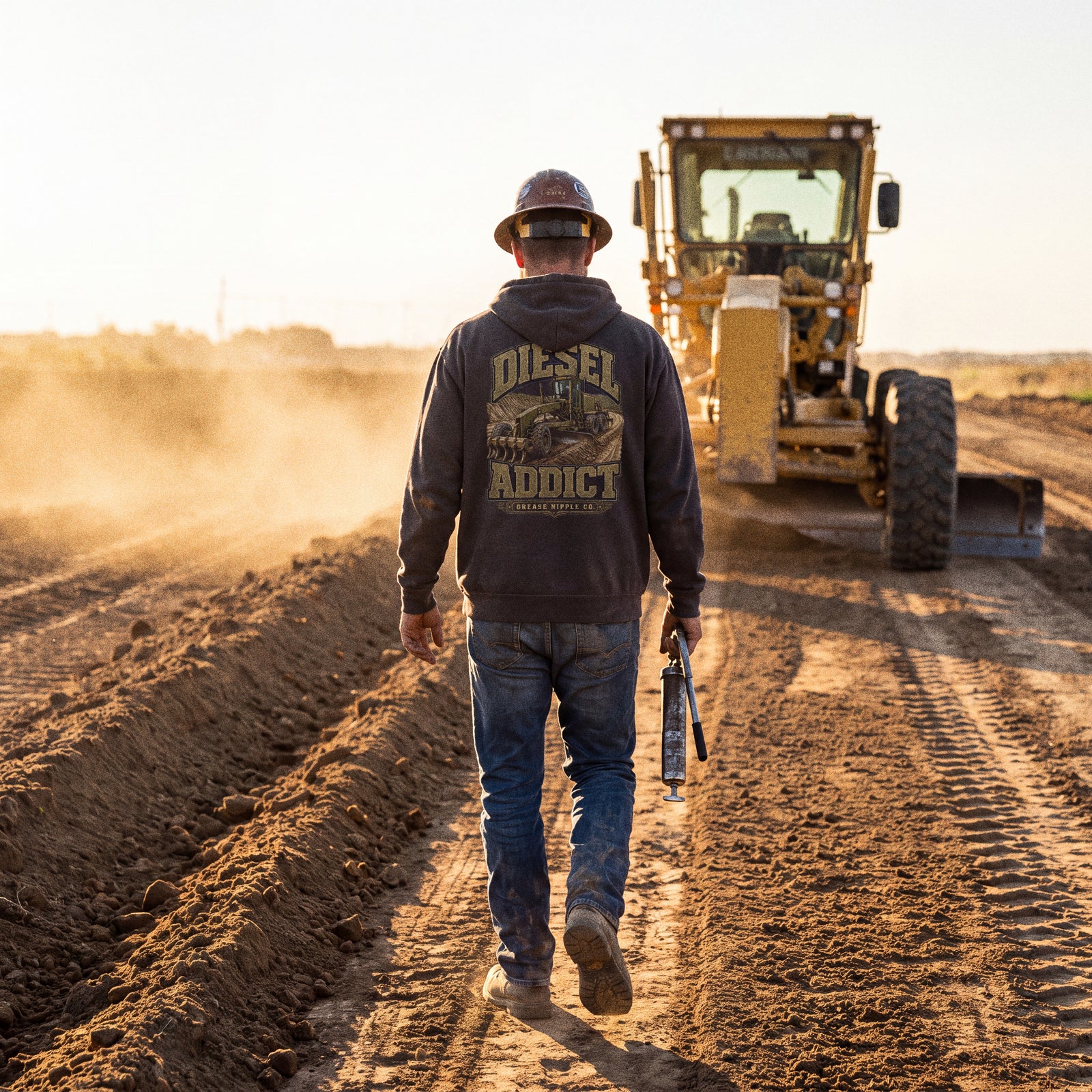 Grader operator in a DIESEL ADDICT hoodie walking a freshly cut haul road at golden hour