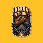 UNION STRONG 3-inch transparent vinyl sticker on GNCO yellow