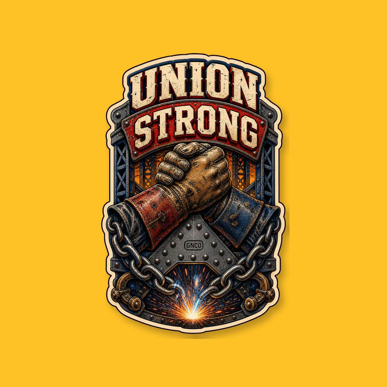 UNION STRONG 3-inch transparent vinyl sticker on GNCO yellow