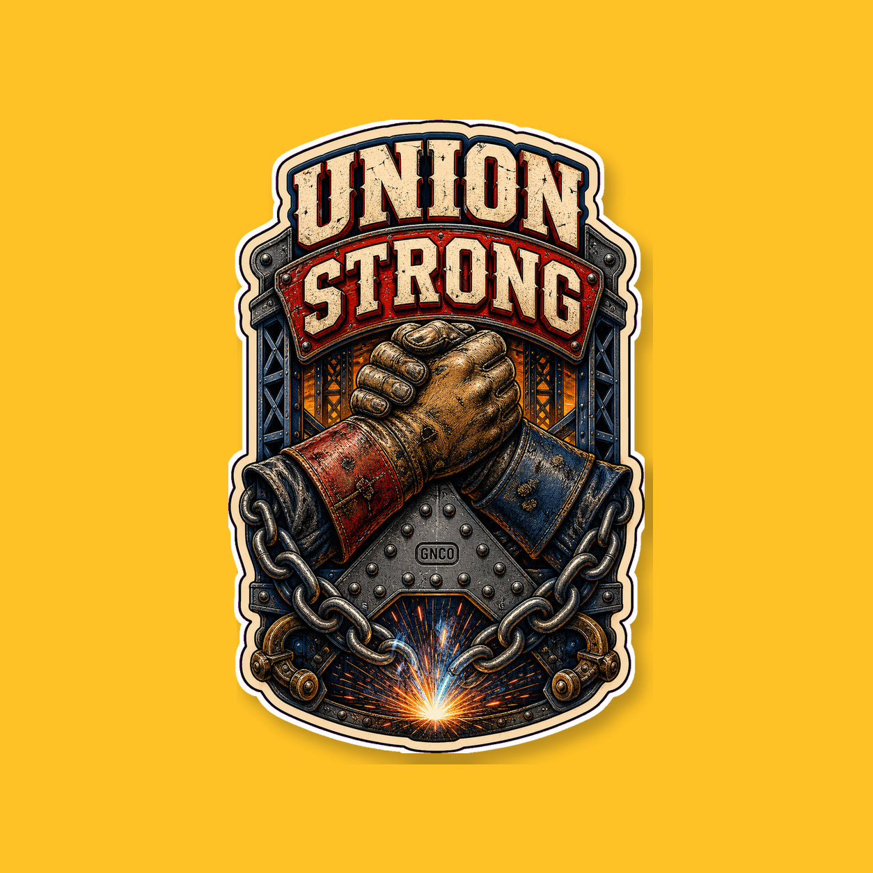 UNION STRONG 3-inch white-backed vinyl sticker on GNCO yellow