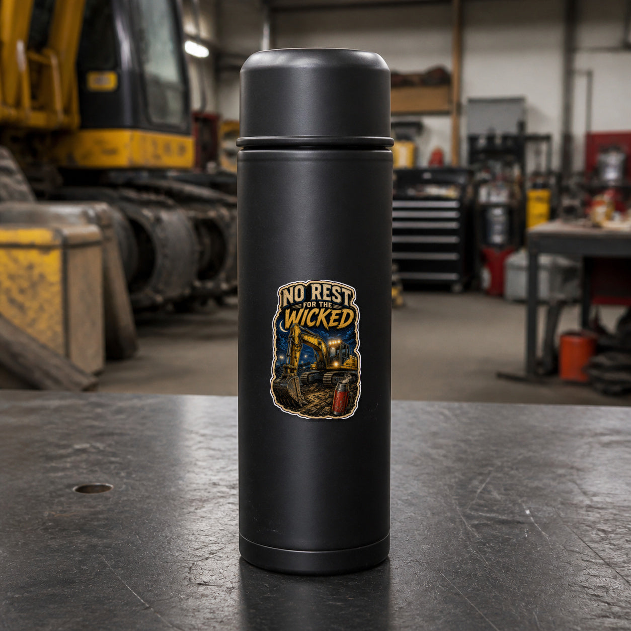 NO REST FOR THE WICKED 3-inch vinyl sticker on a black industrial thermos