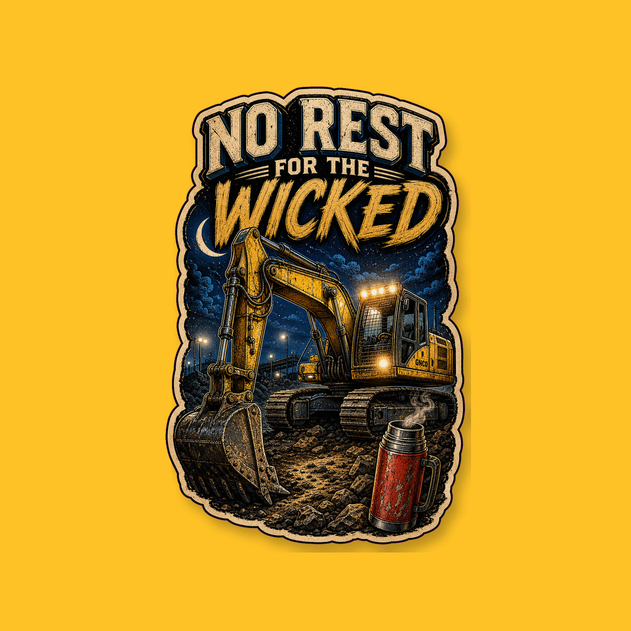NO REST FOR THE WICKED 3-inch transparent vinyl sticker on GNCO yellow