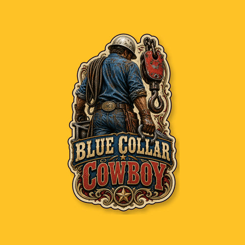 BLUE COLLAR COWBOY 3-inch transparent vinyl sticker on GNCO yellow